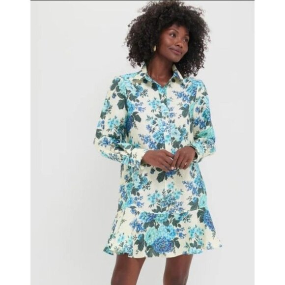NWT Tuckernuck Wild Zinnia Linen Callahan Floral Shirt Dress Blue Cream Size XL - Picture 1 of 8